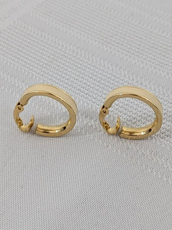 Crown Trifari Jewelry - Vintage Crown Trifari Clip-on Hoop Earrings - Gold Metal with Cream Enamel Band